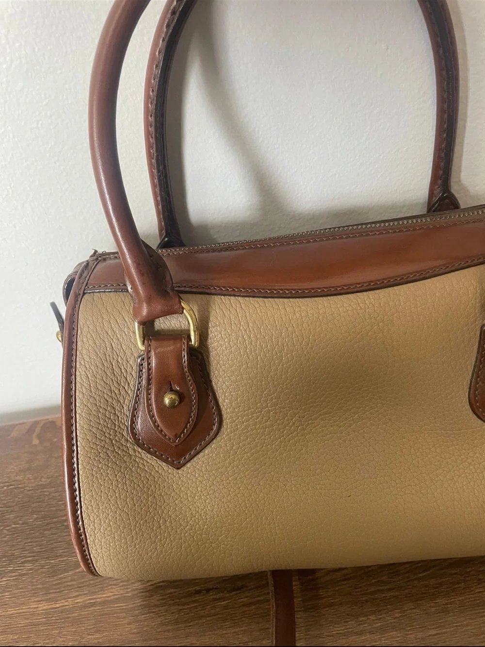 Dooney & Bourke Beige and Brown Leather Trim Cassini Satchel